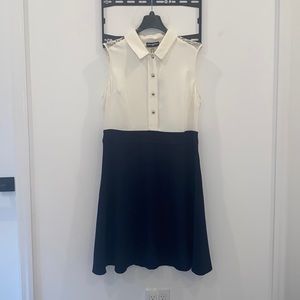 Karl Lagerfeld Paris Dress: white top & navy blue skirt with silver buttons
